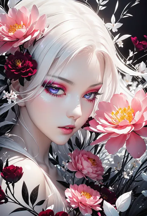  yag,   cute beauty, Eye Catching Eyes ,  shiny silky ivory hair, Passionate and lascivious expression, makeup, Kissing beautiful flowers ,  Delicate Dynamic Textures ,  contrast between light and dark , 2.5D,  artistic photo ,  surrenders,  graphic CG dig...