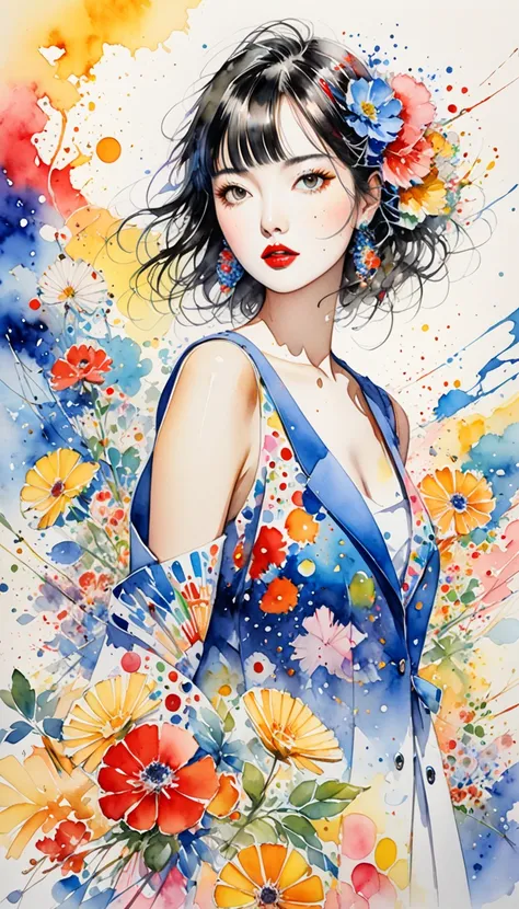 Matsuo Hiromis Style ,  stylish fashion, 8K quality、Intense watercolor, Detailed watercolor painting,  watercolor splash,  surreal,  avant-garde pop art, Beautiful and expressive paintings,  Beautiful Artwork Illustrations ,  very colorful hues , wonderful...