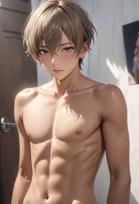 1 tanned skin thin idol boy, topless, seduced, best quality, 4k, 8k, highres, (masterpiece:1.2), ultra-detailed, (photo realistic:1.4),