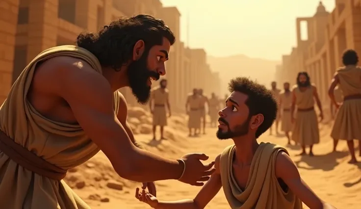 Close-up scene of Moses, filled with righteous anger, intervening in the brutal act of the Egyptian foreman beating the Hebrew slave. The scene, animated in 3D Pixar/Disney style, captures the raw emotion and intensity of the moment. Moses’ face is a mixtu...