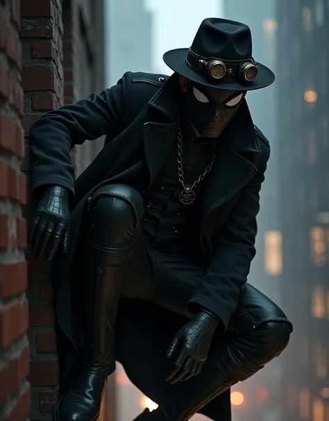 Spider-Man dressed in a black overcoat and black leather mask like that of Spider-Man Noir, Antique black hat, black leather clothing, Old Black Aviation Ocolus , climbing a building at night in an epic pose