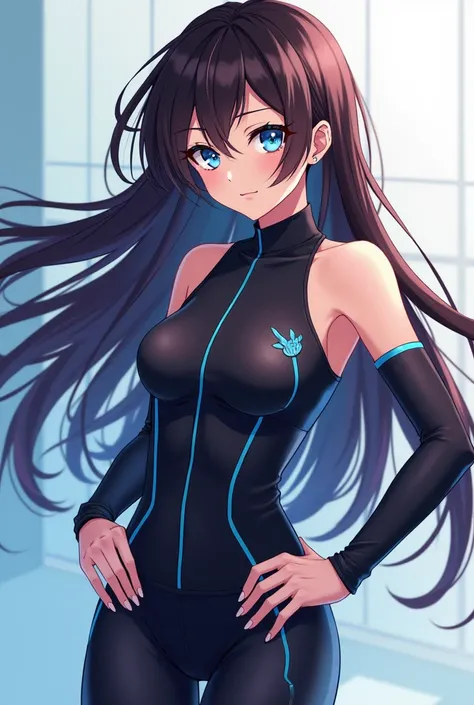  you can make an 18-year-old girl ,  white skin ,  dark brown hair length to the waist,  sky blue eyes, sexy black sports suit with light blue details,  anime style 