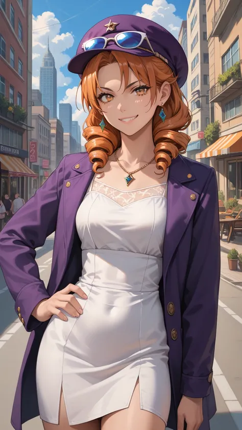 1girl, solo, yorigami joon, orange hair, drill hair, eyewear on head, orange eyes, jewelry, bow, white dress, purple jacket, pendant, earrings, hat, standing, hand on hip, looking at viewer, one eye closed, smirk, outdoors, city 