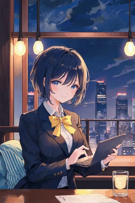 "A high-quality, masterpiece illustration in a shoujo manga style featuring a girl with very short hair, dressed in a suit, smiling as she uses a laptop in a nighttime café. The image should emphasize aesthetics and beauty (breathtaking, very aesthetic)."