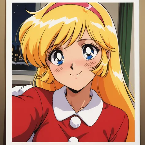 masterpiece, best quality, Christmas Polaroid Photo Generator, KisaragiHoney, 1girl, solo, blonde hair, long hair, blue eyes, medium breasts, hairband, retro artstyle, anime coloring, smile, happy, blush, santa, xmas party, xmas tree, Take a selfie with po...