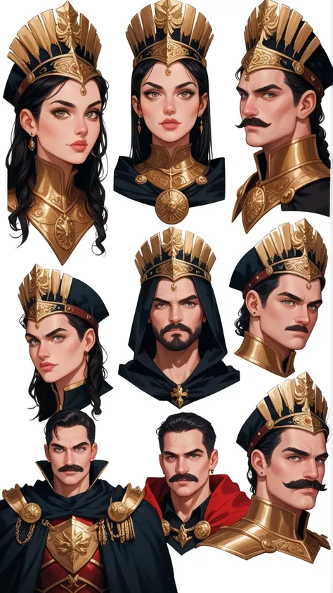 Character sheet consisting of Vlad Tepes the Impaler seen in different poses on a white background Recommended visual consistency for Vlad Tepes: The Impaler Always wearing his red and black cape, dark and gold-trimmed armor, or simple headdress to indicat...