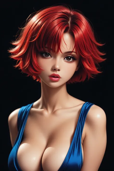 (best quality, sketch:1.2),realistic,illustrator,anime,1 sexy girl, close up, detailed lips, blue dress, (dark monochrome background), red hair, pink lips, textured cropping, masterpiece, style retro classic, noir dark, art, sketch book, (short hair blue:1...