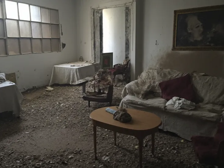 " Create an image of an abandoned living room in an old building ,  with furniture covered with white cloths and dust accumulated on the surfaces.  Broken windows let in a faint, misty light , creating a melancholic environment.  Add distorted shadows on t...