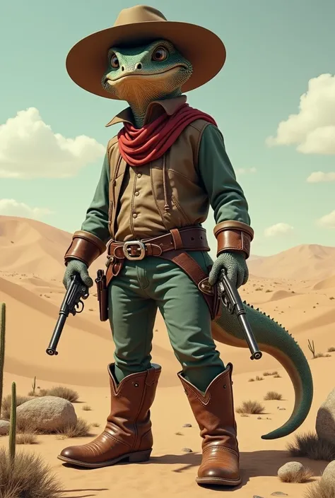 Create a calango out of boots and hat and two revolvers around your waist in the desert