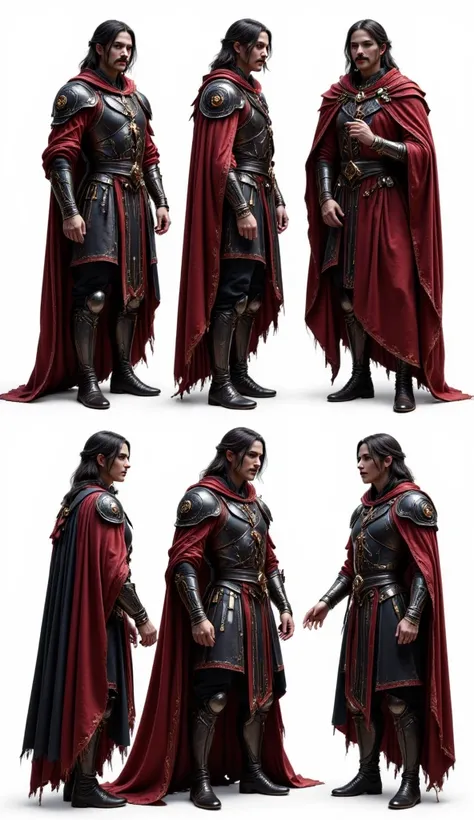 Character sheet consisting of Vlad Tepes the Impaler seen in different poses on a white background Recommended visual consistency for Vlad Tepes: The Impaler Always wearing his red and black cape, dark and gold-trimmed armor, or simple headdress to indicat...