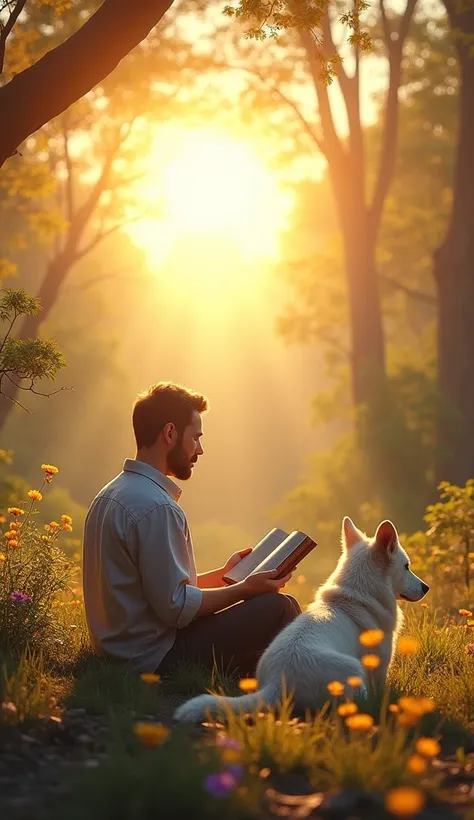 spring landscape with realistic bright sun , with vegetation and trees and colorful flowers and a realistic man sitting with a bright open realistic bible in his hands and with a realistic white dog, High gloss