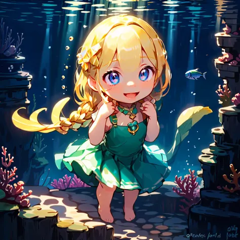 1 Female((The upper body is a kitten :1.3),The lower body is a fish, Mermaid, Beautiful scale reflecting prism,  beautiful tail fin reflection prism,cute,Cute,Age 10, Long Braids , blondes, singing a beautiful song , eye color at the chapel , big eyes, Dyn...