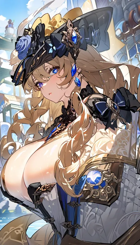 ship_Genshin Impact, Genshin, anime illustration 、 alone , girl ( Big Bust)、(Eyes,  Top Quality:1.2), Top Quality、 plump statue idol 、 perfect proportions ,Massage the breasts 、sexy stage 、Beautiful chest、 sexy 、 seductive and seductive look、 blurred backg...