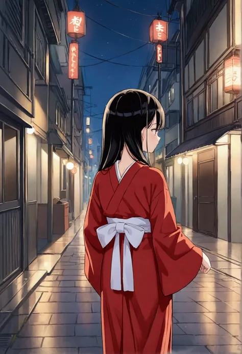 Masterpiece,Best quality,ultra detailed,Anime style, Japanese, girl, black hair, long hair, petite, simple Japanese clothes, back view, night street, back street, alley, dark atmosphere,