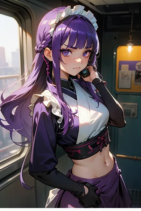       1 girl, blunt bangs,       braiding      ,    width ,     Hair Accessory ,Obi says, (Purple Hair:1.2),       long hair ,      A high school girl with straight hair grabs the top of her clothes  ,     Butt touched by an audience on a train   ,    Its ...