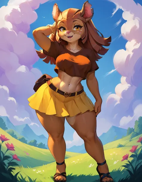 (masterpiece, anthropomorphic fantasy anime style, creative art), a beautiful cute anthropomorphic shortstack, a beautiful anthro armadillo with a yellow skirt and a brown top standing in a field, sexy, posing, thick thighs, medium breasts, sexy, curvy, se...