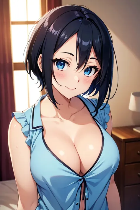 anime,  upper body,  cute,  Chest shape is clear ,  super high definition , 8k,  black hair,  high school girl,  cleavage, Underboob, Sideboob,  chest exposure,  beautiful blue eyes, A well-fleshy body, animeスタイル, smile,  open her mouth , Forehead visible,...