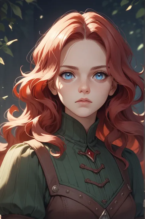 fae with long wavy red hair and blue eyes, intense straight on stare, mischievous look, hunters bow, moonlight, luminescent flora, fully clothed, thick build,