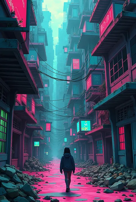 Japanese anime-style dystopian psychedelic favela 