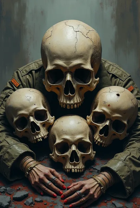 Create the cover of a war album with skulls, high-caliber weapons, military clothing. 