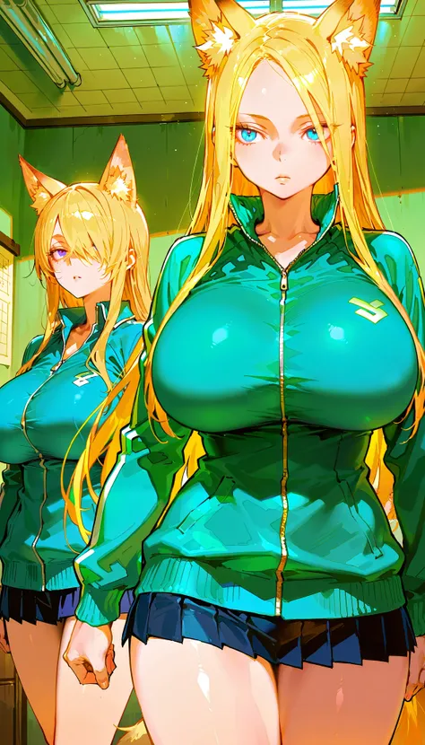 2girls,score_9, score_8_up, score_7_up,(hi-quality,high resolution),Cold Stare,(Fox Ears),(forehead,long hair over one eye),((side parted hair)),((huge breasts)),Narrow eyes,Clear Eyes,Perfect Eyes,Blonde,Long Hair,Old room,bousouzoku,((Delinquent Girl)),g...