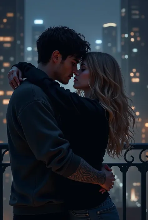 Two young people embracing  (She is a dark blonde with a black sweatshirt and the black haired one with a small tattoo) At midnight in buildings  