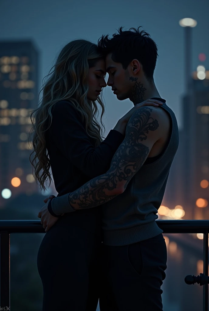 Two young people embracing  (She is a dark blonde with a black sweatshirt and the black haired one with a small tattoo ) At midnight in buildings  