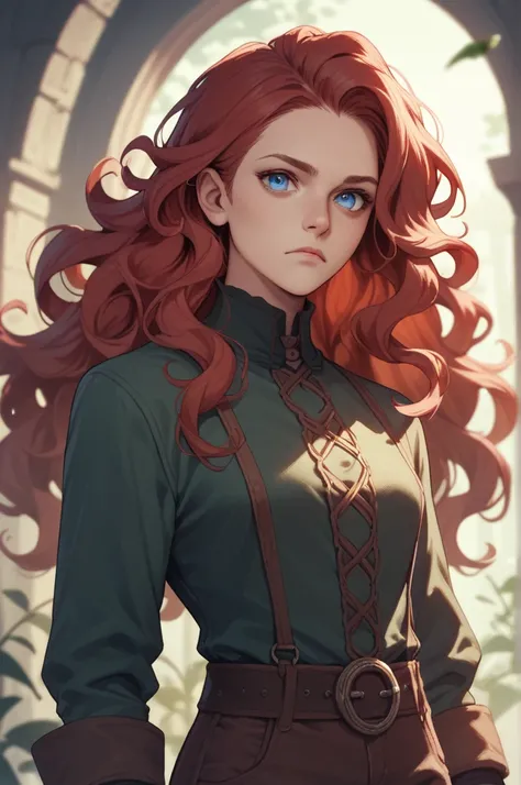  fae with long wavy red hair and blue eyes, intense straight on stare, mischievous look, hunters bow, moonlight, luminescent flora, fully clothed, pants, thick build,