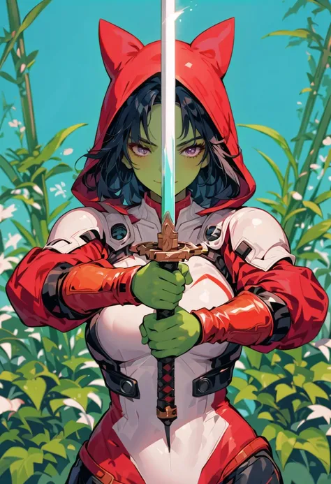 (best quality, masterpiece),1girl,barrissoffee, (green skin),upper body , hood up, looking at viewer, smiling, holding   blade  sword  half  energy,  body  tech suit, full body image , full body ,green  skin,  body tech suit armor 