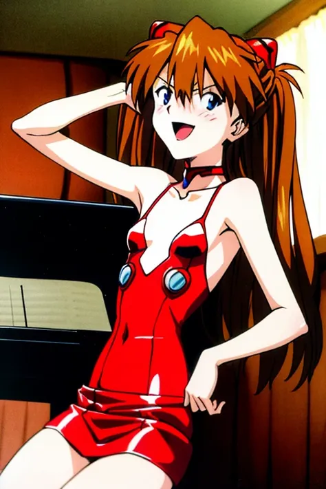 (( top quality )), ((masterpiece)), (be familiar with),  perfect face, indoor, bedroom,  watching viewers ,
One woman,  Soryu Asuka Langley,
 open mouth,  ecstatic expression beside the piano, blush, smile,
 small tits,  flat chest, Young girl, Lori,  s,  ...