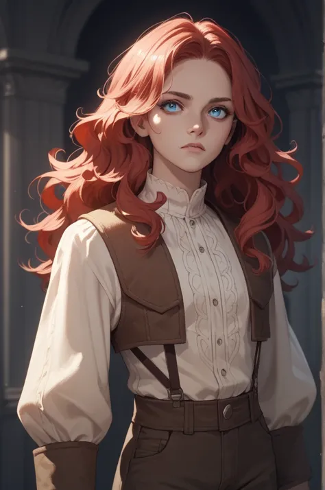  fae with long wavy red hair and blue eyes, intense straight on stare, mischievous look, hunters bow, ready to hunt, moonlight, luminescent flora, fully clothed, pants, thick build,