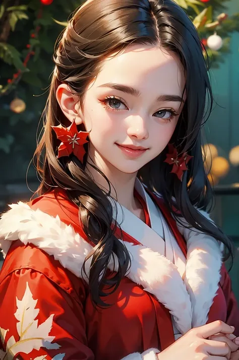 A bust shot of a smiling beautiful woman in a kimono celebrating Christmas