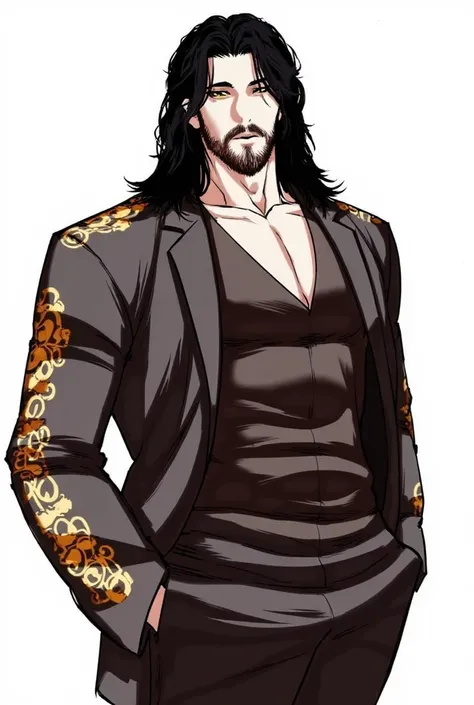  A panel from Lookism webtoon, A full body image of a business suited mature man with gold patterns with long black hair and mature face, He has yellow eyes and Juju, He is extremely muscular and fit, Stubble