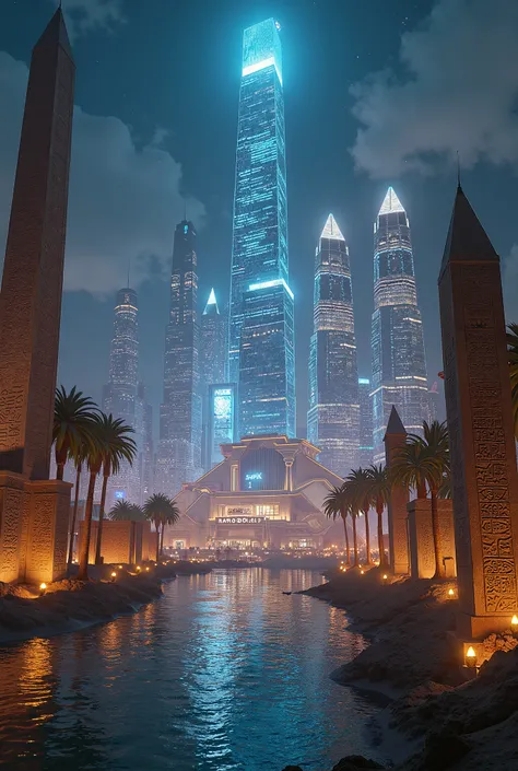 Create a blend of an ancient Egyptian city with modern 21st century features illuminated at night