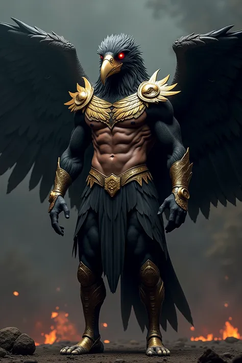 Ultra-realistic image of a powerful, humanoid figure inspired by a
Flamengo team player, transformed with the head and wings of a
menacing black vulture. The figure has a muscular, chiseled body with
jet-black feathers covering parts of his arms and legs, ...