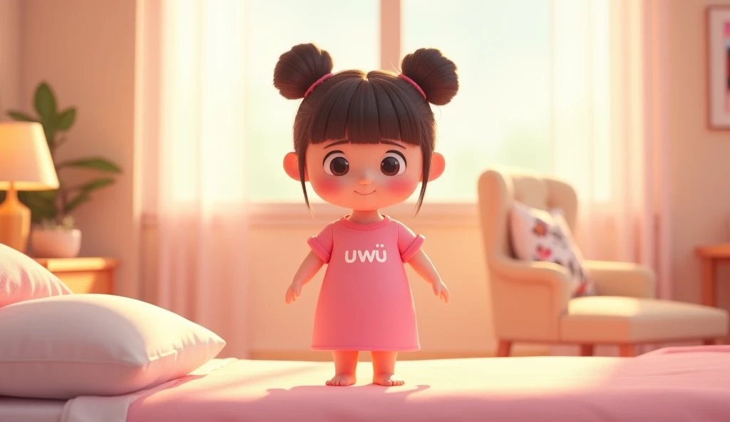 ((picture taken from the front))
in the 3D animation image of a beautiful and adorable girl with her hair in two buns on top and bangs, wearing a pink nightdress with "uwu" printed on the front, barefoot. Her style is 3D animation with a pastel color palet...