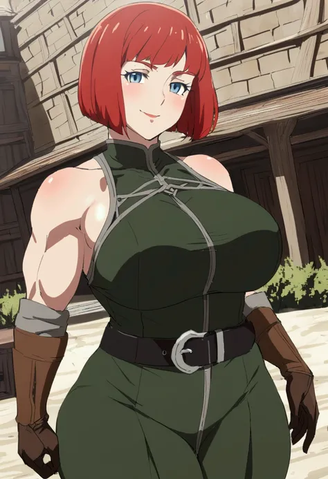 {{upper body, dutch angle}} {{Artist: sincos}} 1girl, mature female, amazoness, red hair, short hair, legthy bobcut, braided bang, blue eyes, fair skin, leather top, green patterns on top, massive chest, large muscles, exposed shoulders, leather gloves, bl...