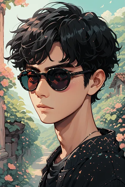 chico,  illustration, sunglasses, fondo simple,  HIGH QUALITY,  short hair,  black hair,  Animated style , soft colors, 