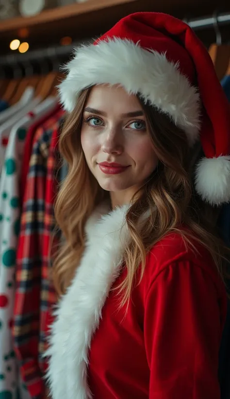 masterpiece, extreme clarity. a Santa Claus, with a hat, young, pretty, brown hair and blue eyes. Pack a closet full of Christmas clothes. professional photography. 3-point cinematic lighting. Sony FX3 camera, 24mm lens, professional cinematographic color ...