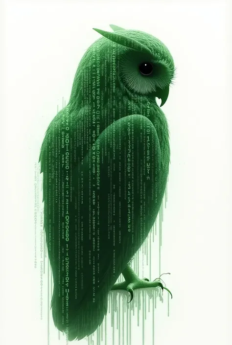 Create a cute owl image on a white canvas that faces the opposite and its size is created from 0s and 1s in shades of green  ,, as in the Matrix poster