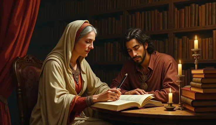 " Saint Monica and Augustine in an old library, surrounded by sacred books ."