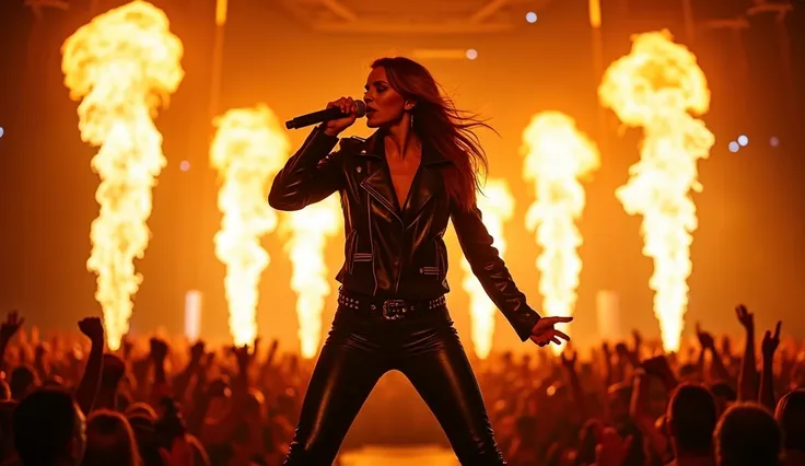 The lead vocalist takes center stage, her leather outfit blazing confidently as she belts out a jaw-dropping solo. The flames around her seem to dance in rhythm with her voice, casting flickering shadows on her determined face. Her energy is palpable, and ...