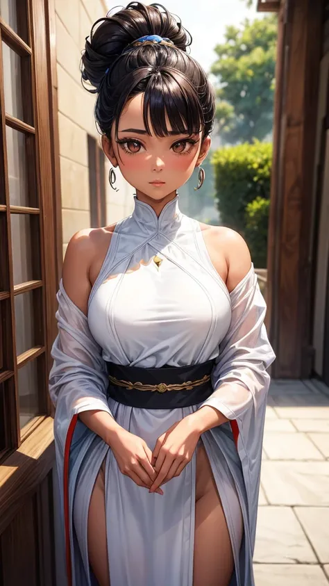 A serene photograph of a pilipina woman with brown eyes, with vibrant raven hair loose updo,andlightskininafaircomplexion, she is standing,. She gazes peacefully at the camera, wearing a low-cut, white thin top