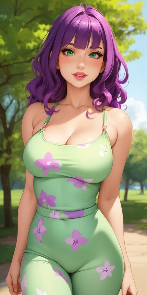 Beautiful medium breasts, 1girl, ((purple hair, wavy hair with bangs)) ((beautiful girl)) light green eyes, has an beautiful sensual body with freckles, with full breasts and thin waist, HIP HOP Beautiful and cute Floral print jumpsuit, short jumpsuit, fab...