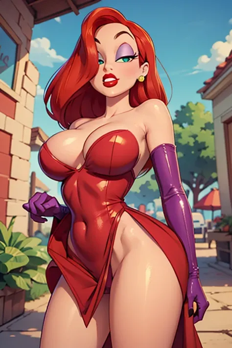  masterpiece, alta definición,  full detailed , jessica rabbit, red sideless dress,  shiny dress, purple sleeve gloves,  red hair,  detailed eyes, Perfect eyes,  green eyes, Pink eye makeup,  red lipstick, neckline,  Seductive Look,  Looking at the viewer,...