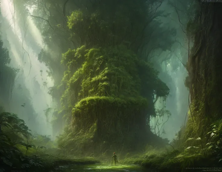 An enchanted lush forest with towering tall trees reaching into the misty sky, their trunks wide and ancient, covered in moss and vines. The atmosphere is mysterious and damp, with the air heavy with moisture. faint rays of light breaking through the dense...