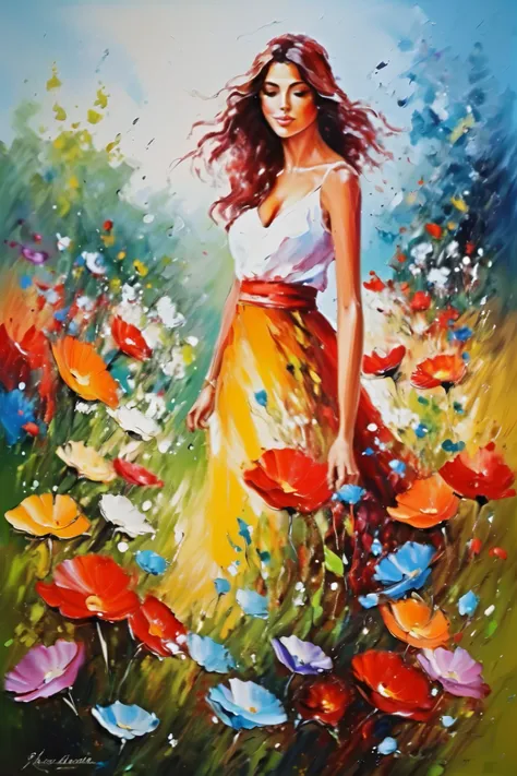 Fille aux fleurs, colorée, peinture à lhuile, couleurs folles, couleurs à lhuile, haute qualité, hauts détails, art abstrait par excellence.