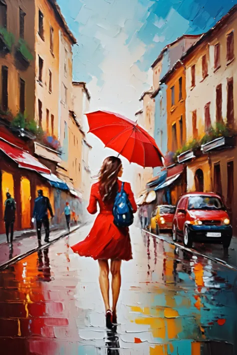  Girl with red umbrella in the city center,  wearing jeans , colorful , Oil painting, crazy colors , couleurs à lhuile,  high quality, high details , art abstrait par excellence.