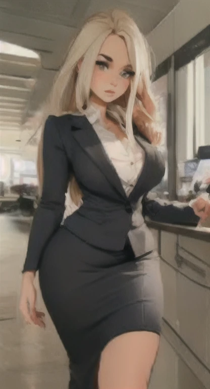 Business woman, looking at viewe , long messy , business uniform,