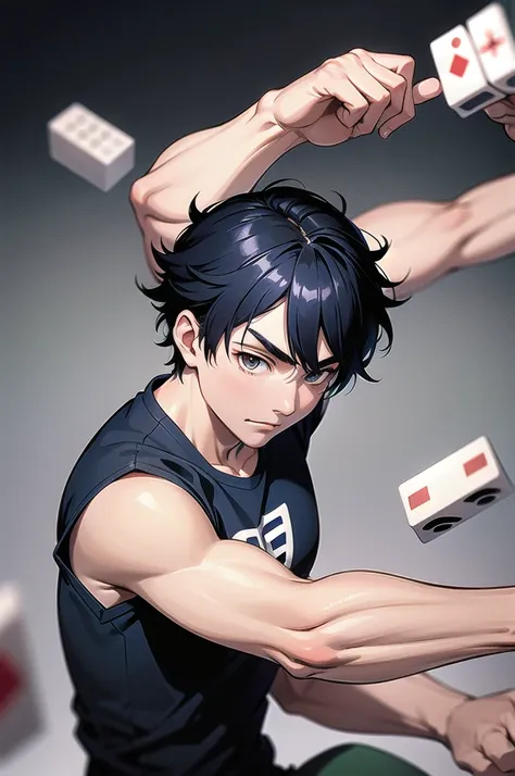 A Japanese anime-style image of a young boy playing mahjong with a simple solid-colored background. The boy has short black hair, wears a casual T-shirt, and is fully visible without any parts of his body cut off. He interacts actively with solid blue mahj...